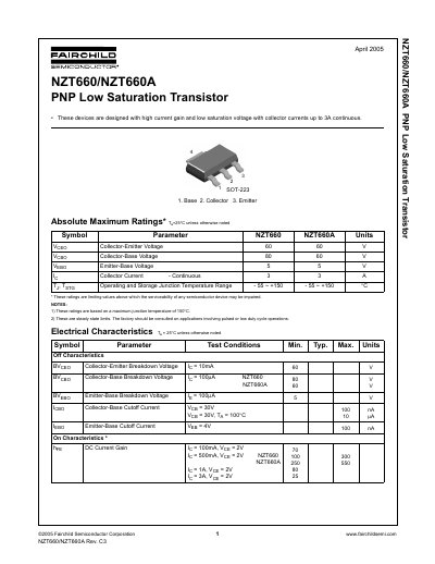 Fairchild NZT660/NZT660A PNP Low Saturation Transistor Datasheet - cover page