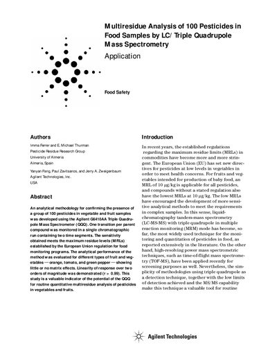 Multiresidue Analysis of 100 Pesticides in Food Samples by LC/Triple Quadrupole Mass Spectrometry Application - cover page