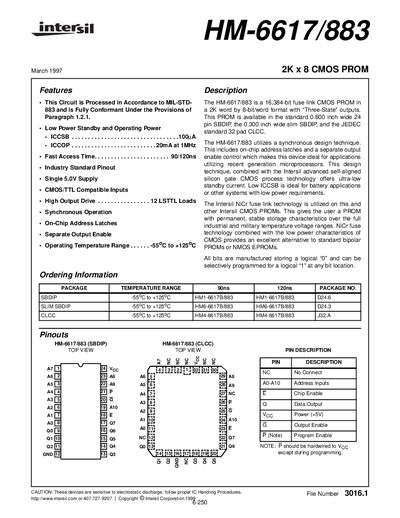 intersil HM-6617/883 2K x 8 CMOS PROM - cover page