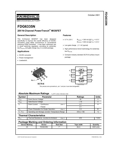 Fairchild FDG6335N 20V N-Channel PowerTrench MOSFET Datasheet - cover page