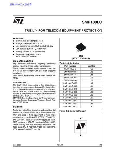STMicroelectronics SMP100LC TRISIL Transient Surge Arrestor Datasheet - cover page
