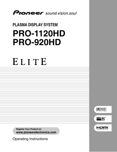 Pioneer PRO-1120HD PRO-920HD Plasma Display System Operating Instructions - cover page
