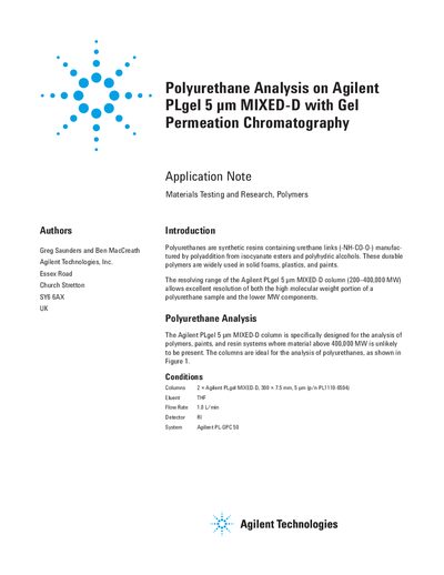 Agilent PLgel 5 µm MIXED-D Polyurethane Analysis Application Note - cover page