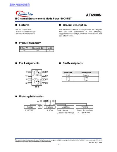 AnaChip AF6930N N-Channel Enhancement Mode Power MOSFET Datasheet - cover page