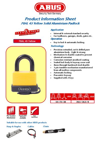 ABUS Product Information Sheet 70AL 45 Yellow Solid Aluminium Padlock Manual - cover page