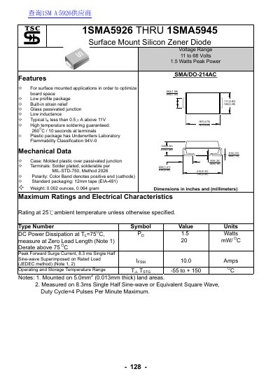 1SMA5926 THRU 1SMA5945 Surface Mount Silicon Zener Diode Datasheet - cover page