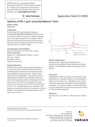 Agilent Synthesis of HIV-1 gp41 using AmphiSpheresTM Resin Application Note - cover page