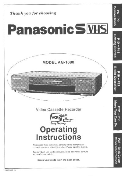 Panasonic AG-1680 Video Cassette Recorder Operating Instructions - cover page