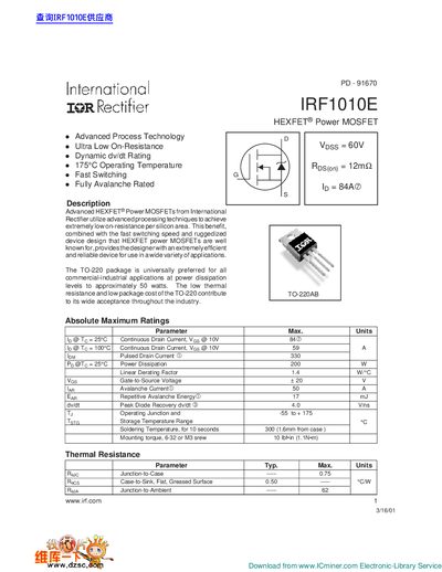 International Rectifier IRF1010E Power MOSFET Datasheet - cover page