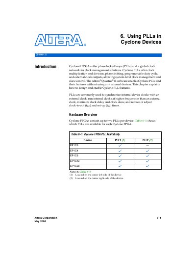 Altera Cyclone FPGA PLL Usage Manual Chapter 6 - cover page