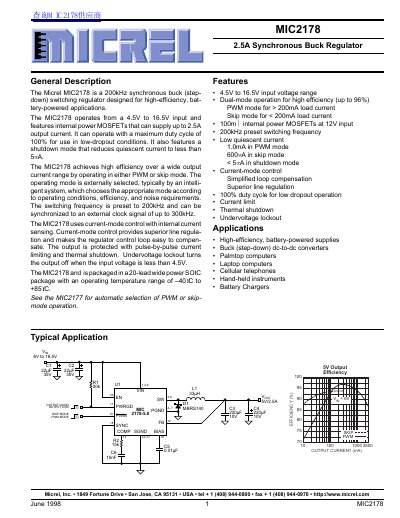 Micrel MIC2178 2.5A Synchronous Buck Regulator Datasheet - cover page
