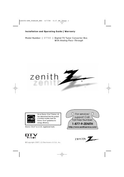 Zenith DTT901 Digital TV Tuner Converter Box Installation and Operating Guide - cover page