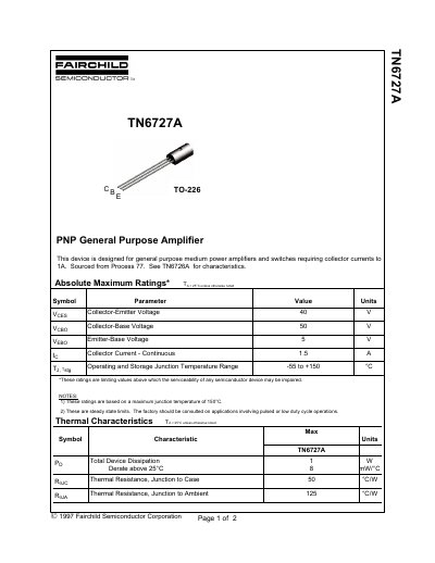 Fairchild Semiconductor TN6727A PNP General Purpose Amplifier Datasheet - cover page