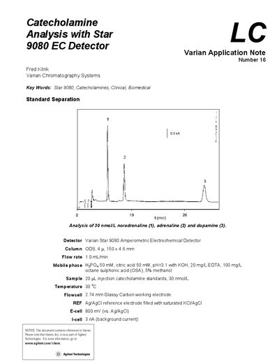 Agilent Star 9080 EC Detector Catecholamine Analysis Application Note
