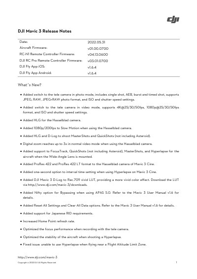 DJI Mavic 3 Release Notes - cover page