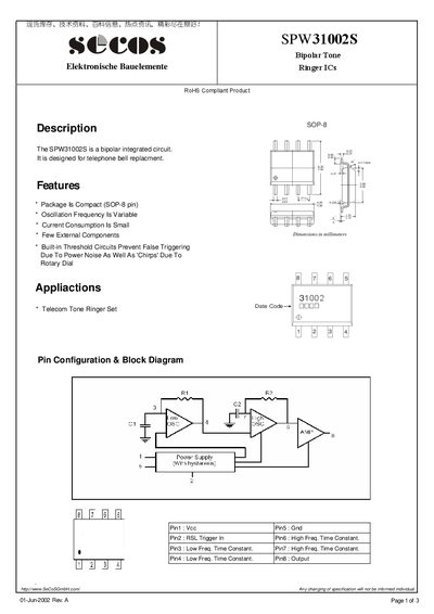 SECOS SPW31002S Bipolar Tone Ringer IC Datasheet - cover page