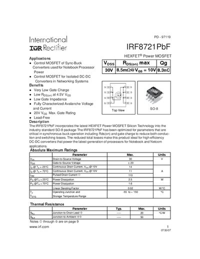 International Rectifier IRF8721PbF Datasheet - cover page