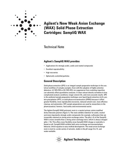 Agilent SampliQ WAX Weak Anion Exchange SPE Cartridges Technical Note - cover page