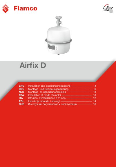 Flamco Airfix D Diaphragm Pressure Expansion Vessel Installation and Operating Instructions - cover page