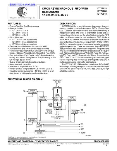 Integrated Device Technology IDT72021/IDT72031/IDT72041 CMOS Asynchronous FIFO Datasheet - cover page