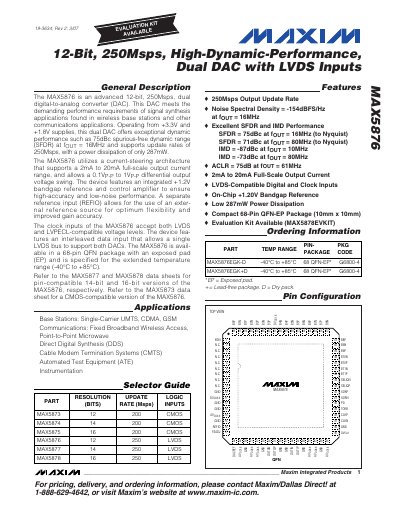 Maxim MAX5876 12‑Bit 250Msps Dual DAC with LVDS Inputs Datasheet - cover page