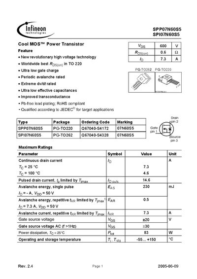 INFINEON SPP07N60S5 SPI07N60S5 Manual - cover page