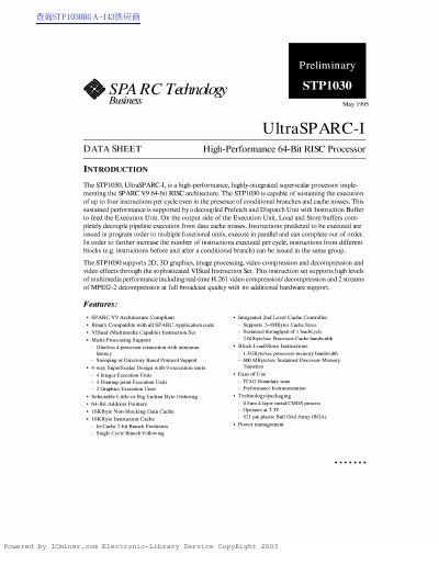 SPA RC Technology STP1030 UltraSPARC-I Processor Datasheet - cover page