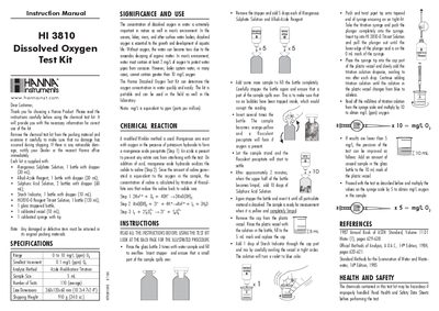Hanna Instruments HI 3810 Dissolved Oxygen Test Kit Instruction Manual - cover page