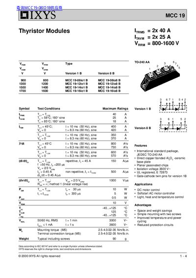 IXYS MCC 19 Thyristor Modules Datasheet - cover page