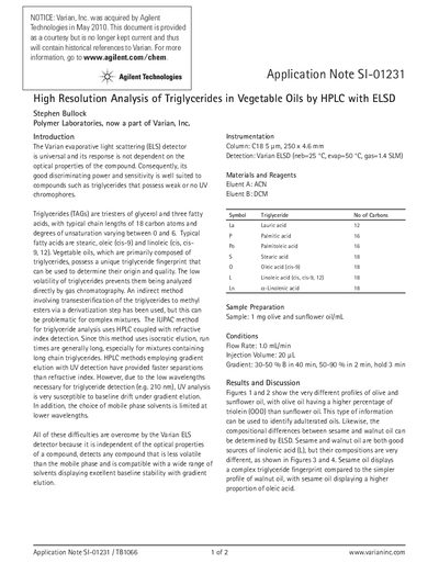 Agilent Application Note SI-01231 High Resolution Analysis of Triglycerides in Vegetable Oils by HPLC with ELSD - cover page