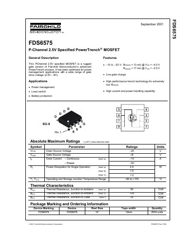 Fairchild Semiconductor FDS6575 P-Channel MOSFET Datasheet - cover page