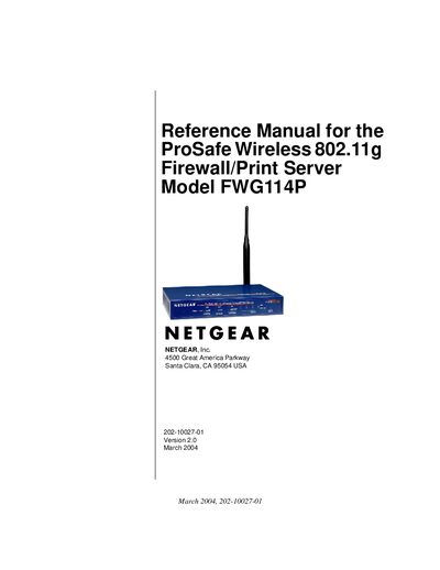 the ProSafe Wireless 802.11g Firewall/Print Server Model FWG114P Reference Manual - cover page