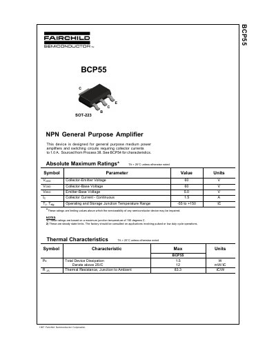 Fairchild Semiconductor BCP55 NPN General Purpose Amplifier Datasheet - cover page