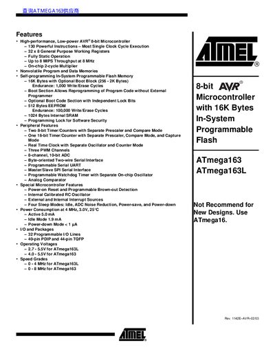 Atmel ATmega163/ATmega163L Microcontroller Datasheet - cover page