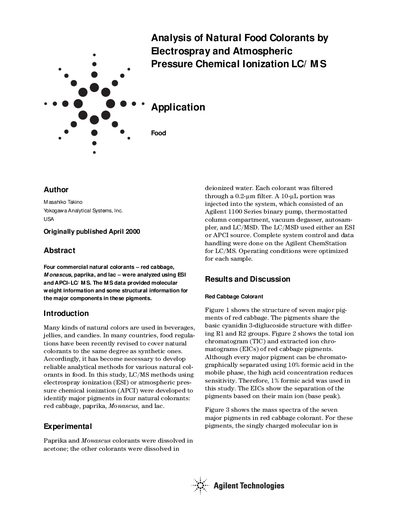 Analysis of Natural Food Colorants by Electrospray Atmospheric Pressure Chemical Ionization LC/MS Application Note - cover page