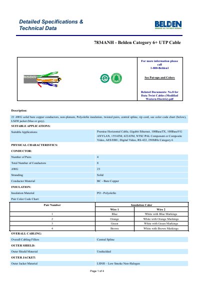 Belden 7834A NH Category 6+ UTP Cable Datasheet - cover page