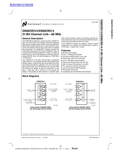 National Semiconductor DS90CR213/DS90CR214 21-Bit Channel Link Datasheet - cover page