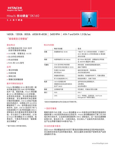 Hitachi 5K160 Mobile Hard Disk Product Manual - cover page