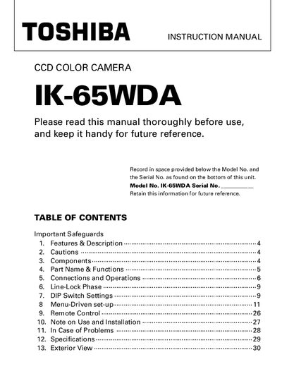 Toshiba IK-65WDA CCD Color Camera Instruction Manual - cover page