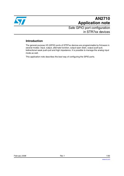 STMicroelectronics AN2710 STR7xx Safe GPIO Port Configuration Application Note