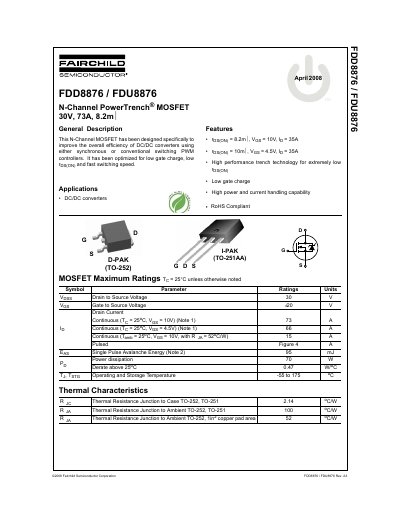 Fairchild Semiconductor FDD8876/FDU8876 N-Channel PowerTrench MOSFET Datasheet - cover page