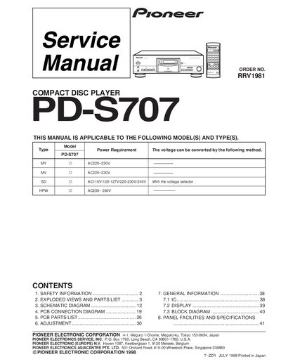 Pioneer PD‑S707 Compact Disc Player Service Manual