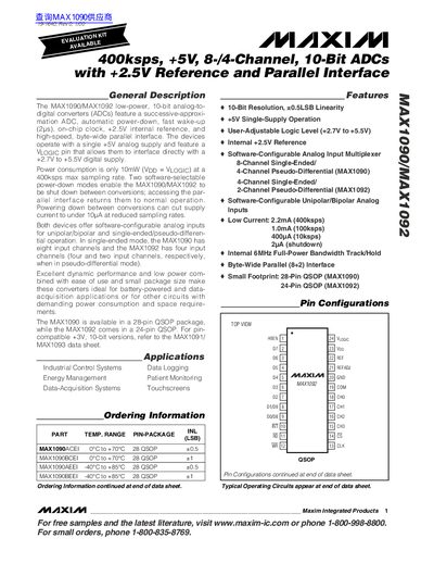 MAXIM MAX1090/MAX1092 400ksps ADC Datasheet - cover page