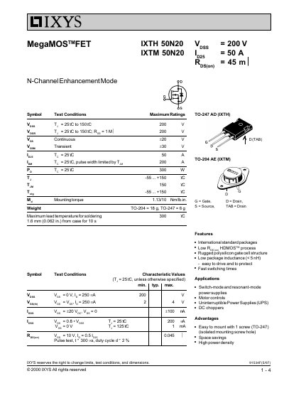 IXYS IXTH 50N20 / IXTM 50N20 MegaMOS FET Datasheet - cover page