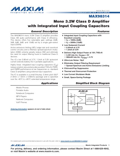 Maxim MAX98314 Mono 3.2W Class D Amplifier Datasheet - cover page