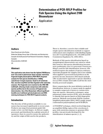 Determination of PCR-RFLP Profiles for Fish Species Using the Agilent 2100 Bioanalyzer Application Note - cover page
