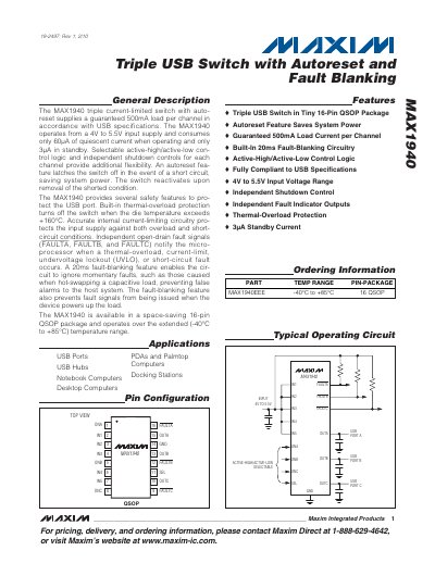 Maxim MAX1940 Triple USB Switch with Autoreset and Fault Blanking Datasheet - cover page