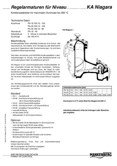 Mankenberg KA Niagara Steam Trap Technical Data