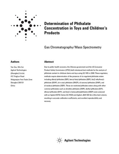 Agilent 5975C Series GC/MSD Determination of Phthalate Concentration in Toys Application Note - cover page