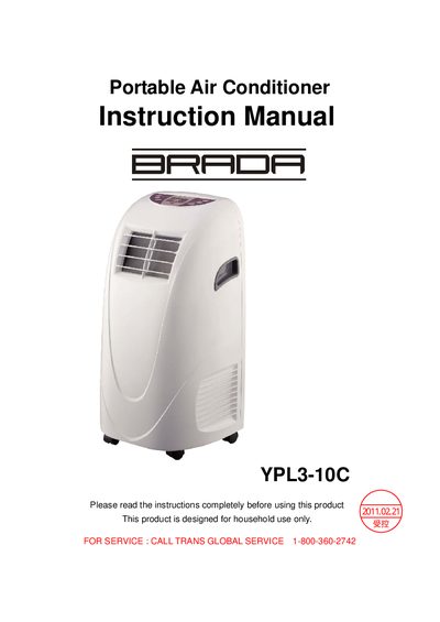 YPL3-10C Portable Air Conditioner Instruction Manual - cover page
